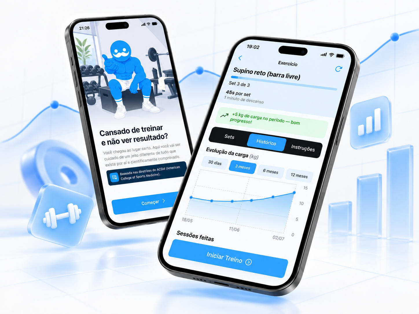Aplicativo USFit mostrando onboarding e evolução de treino em dois celulares